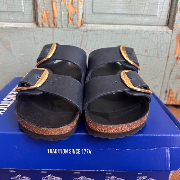 NIB Birkenstock Arizona Big Buckle Leather Navy Gold Womens 11 Narrow EU42 - Picture 13 of 13